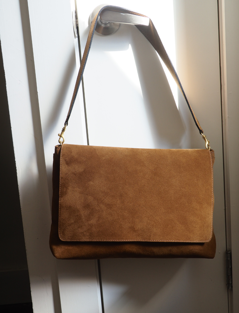 Kennon shoulder bag in soft walnut suede with wide strap