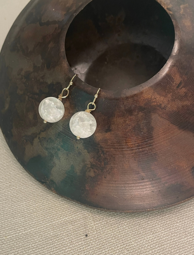 White crackled quartz earrings with gold-plated hooks