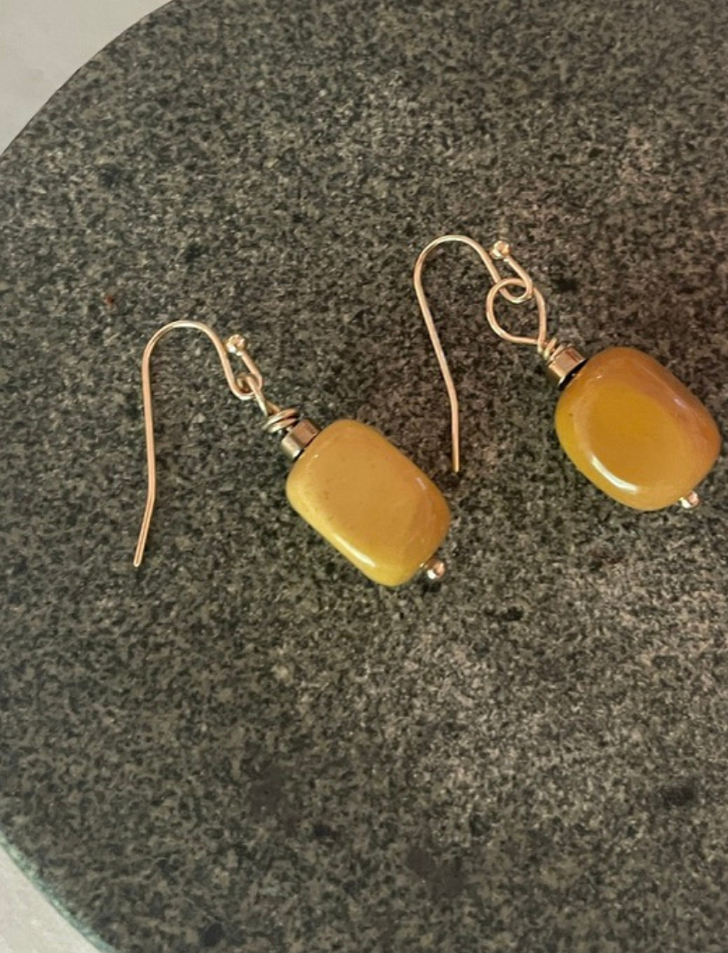 Yellow jasper drop earrings with gold-plated hooks, detail view