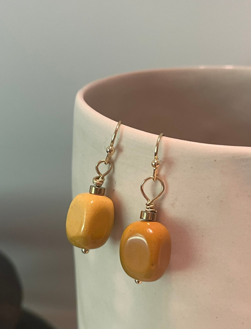 Yellow jasper drop earrings with gold-plated hooks