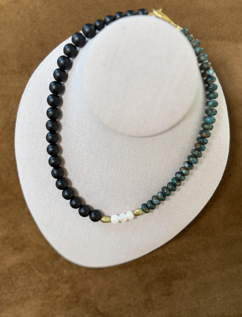 Matte black bead necklace with labradorite, freshwater pearls and gold spacers
