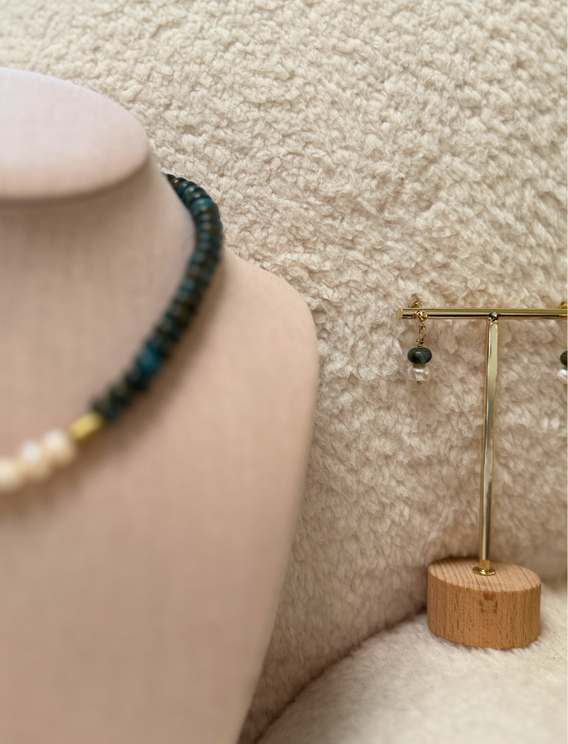 Matte black bead necklace with labradorite, freshwater pearls and gold spacers, alternate view
