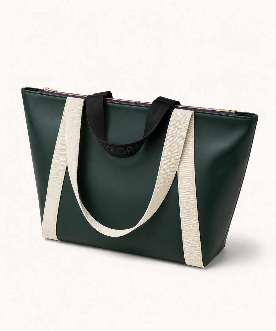The Mykort Club Tote in Court Green, side view