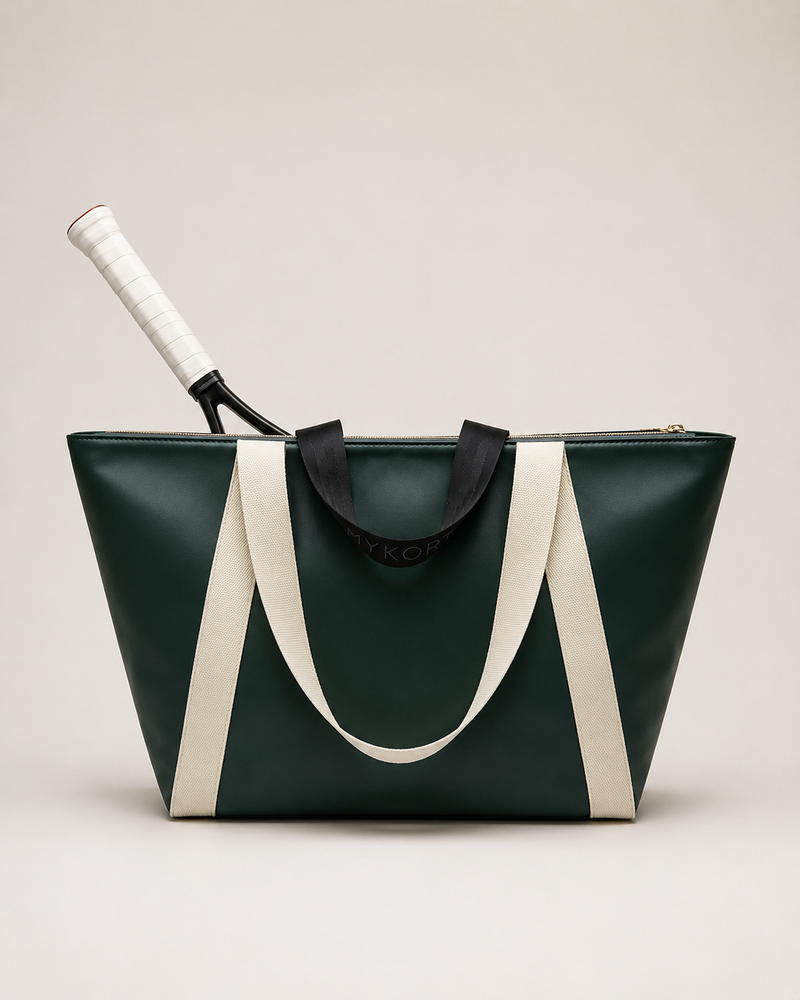 Mykort Club Tennis Tote in Court Green with a full-size racquet