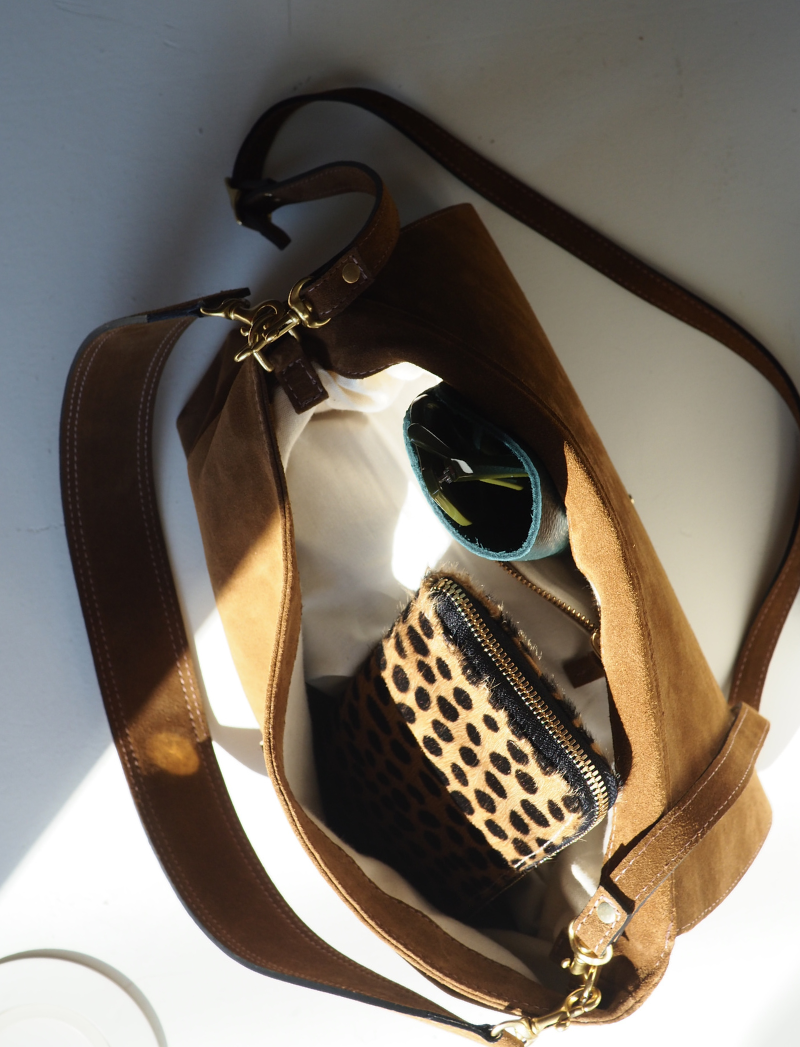 Kennon shoulder bag in walnut suede, detail view