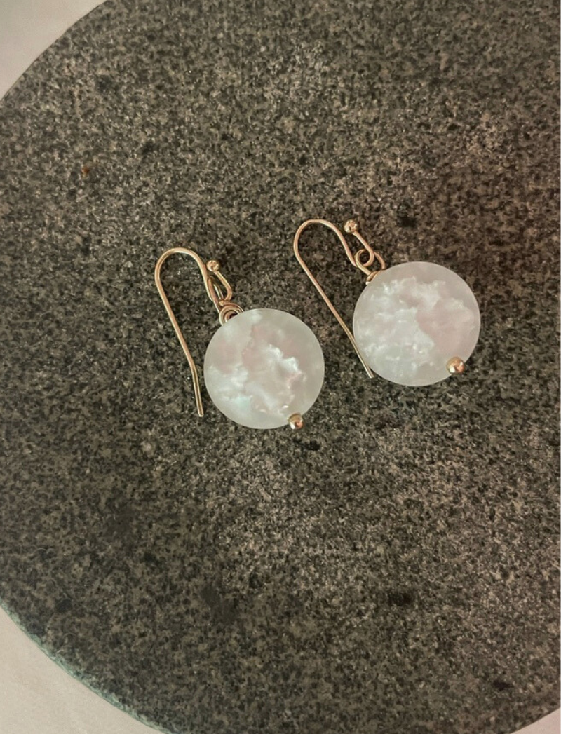 White crackled quartz earrings with gold-plated hooks, alternate view