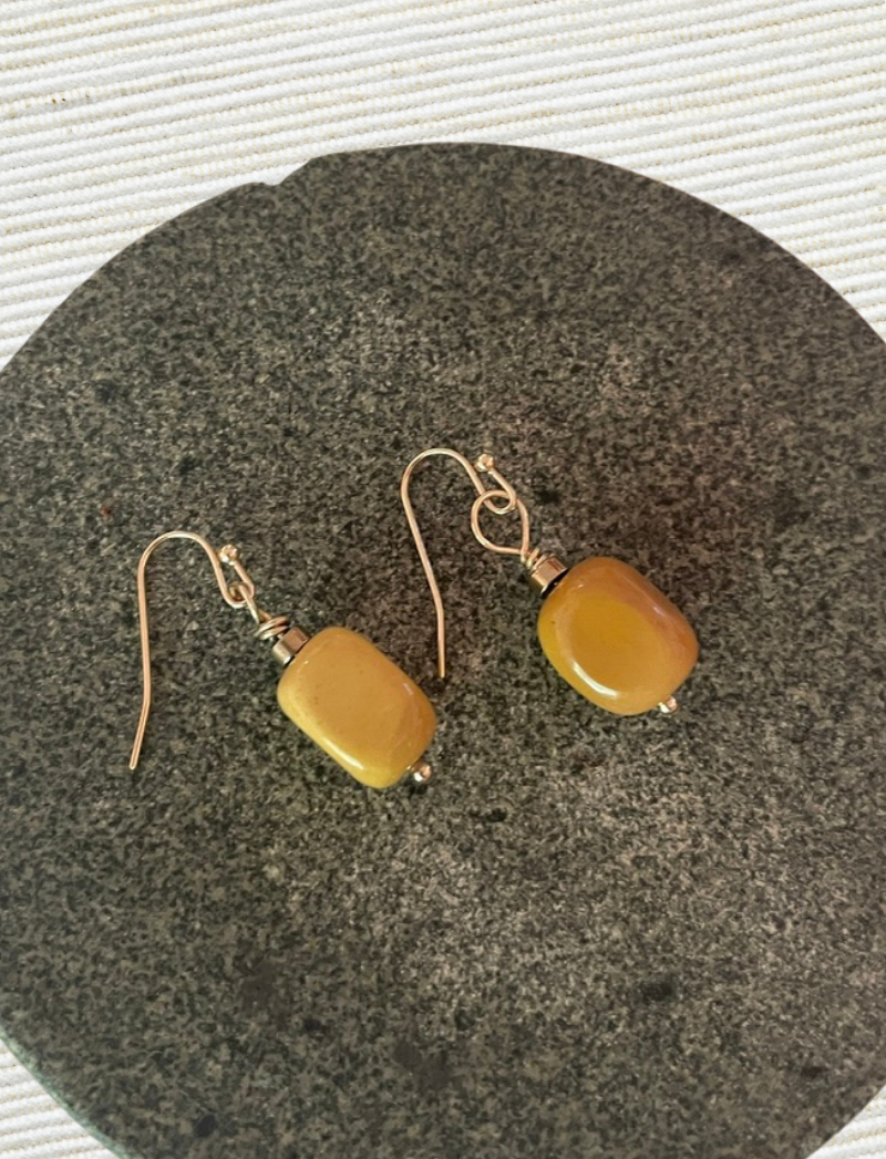 Yellow jasper drop earrings with gold-plated hooks, alternate view