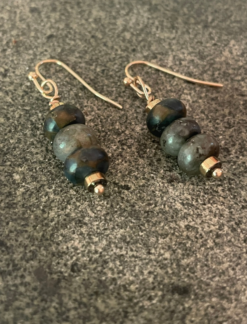 Stacked labradorite bead earrings, detail view