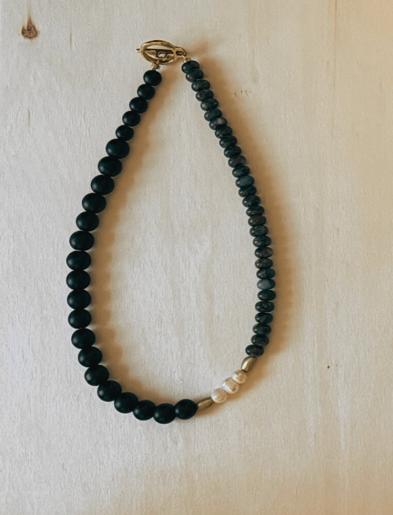 Matte black bead necklace with labradorite, freshwater pearls and gold spacers, alternate view