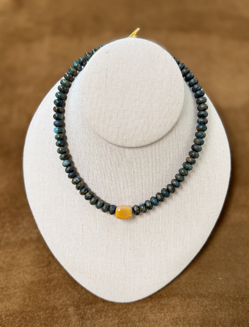 Deep blue-green labradorite bead necklace with honey-colored ceramic bead, alternate view