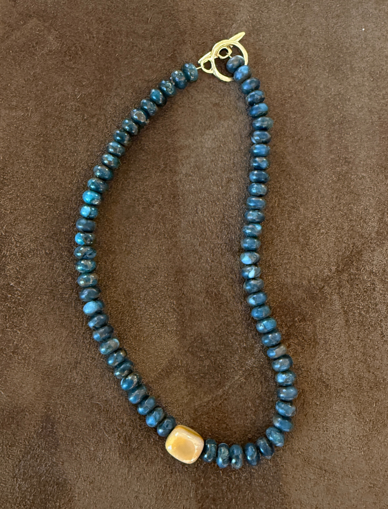 Deep blue-green labradorite bead necklace with honey-colored ceramic bead