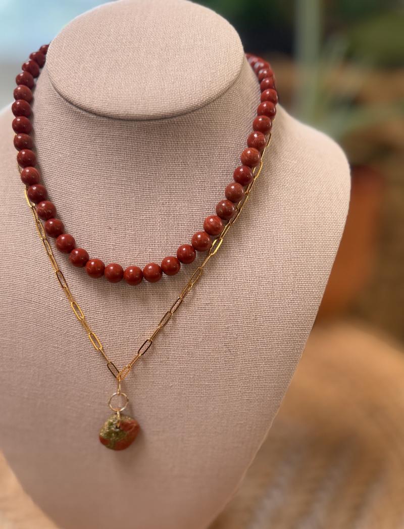 Earth-toned stone pendant on a chunky gold paperclip chain, alternate view