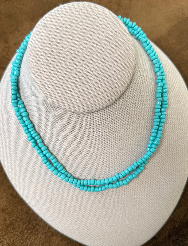 Double-strand turquoise ceramic bead necklace, detail view