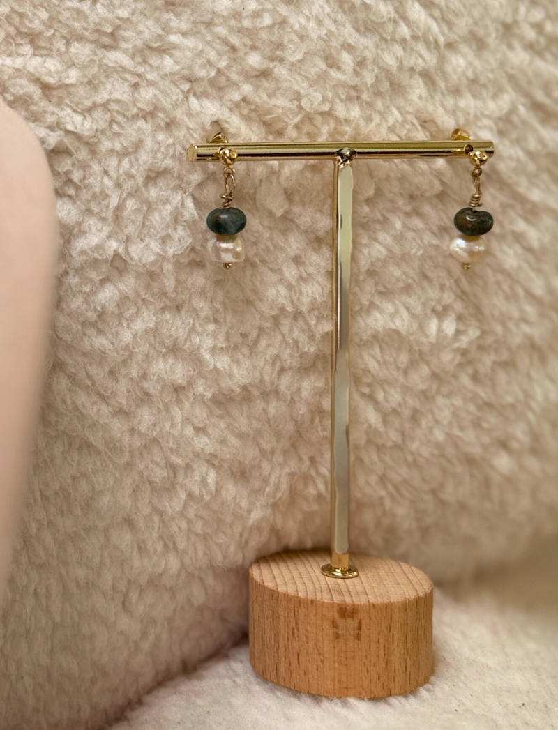 Freshwater pearl and blue-green labradorite earrings, detail view