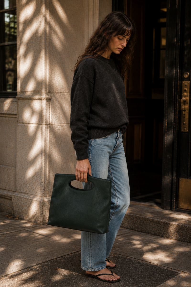 Alys Tall Tote in Mountain Mist green leather, carried by the cutout handle on a city sidewalk
