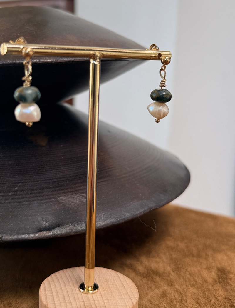 Freshwater pearl and blue-green labradorite earrings, alternate view