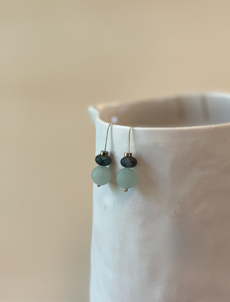 Seafoam bead and faceted labradorite drop earrings, detail view