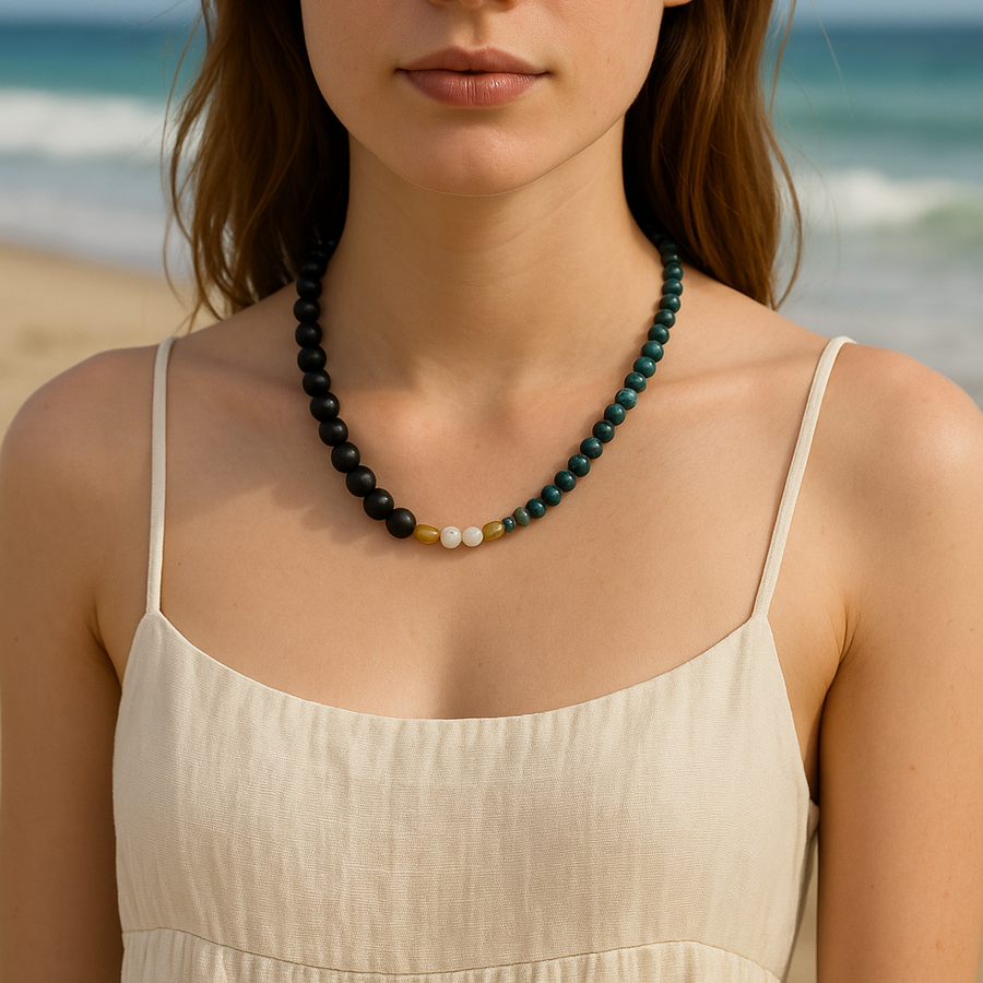 Matte black bead necklace with labradorite, freshwater pearls and gold spacers, alternate view