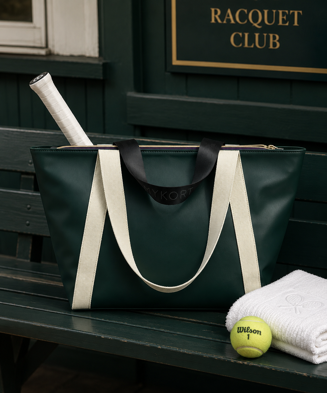 The Mykort Club Tote on a bench outside the racquet club