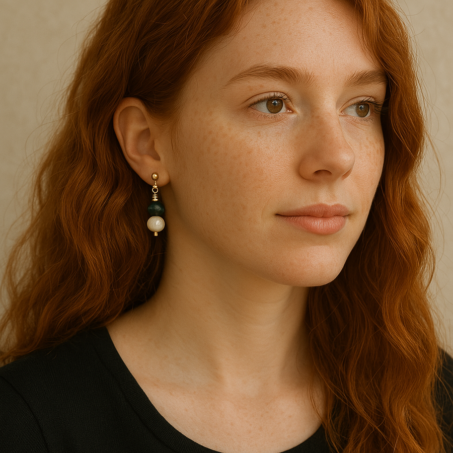 Freshwater pearl and blue-green labradorite earrings, alternate view